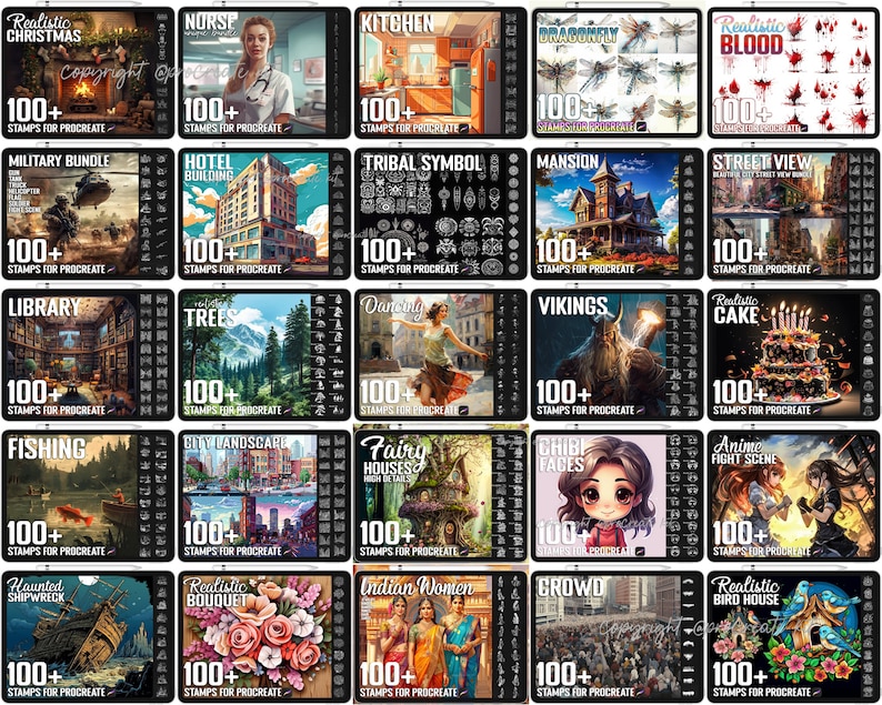 Pu&ograve; includere: Una collezione digitale di 25 set di timbri per Procreate, ognuno contenente oltre 100 pennelli individuali. La griglia mostra vari temi tra cui Natale, militare, architettura, natura, fantasy e anime, con etichette di testo per ogni set.