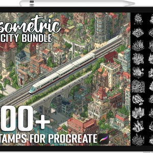 May include: A digital illustration of an isometric city bundle with a train on a bridge. The image includes the text "Isometric City Bundle" and "100+ Stamps for Procreate". The color palette includes shades of brown, green, and red.