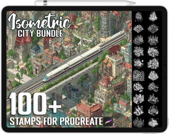 Más de 100 sellos isométricos de ciudades para Procreate, pinceles realistas para Procreate, descarga digital instantánea