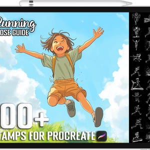 Puede incluir: Una ilustración digital de una persona corriendo, con un cielo azul y nubes blancas de fondo. La imagen está en la pantalla de una tableta con el texto "Running Pose Guide" y "100+ Stamps for Procreate" en la parte inferior. La imagen es un recurso de arte digital para artistas.