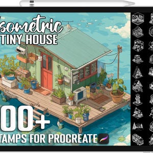 Puede incluir: Ilustración digital de una casa diminuta isométrica en un muelle de madera, rodeada de agua y plantas. La imagen incluye el texto "Isometric Tiny House" y "100+ Stamps for Procreate."