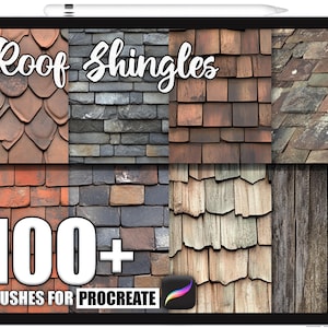 May include: A digital art display on a tablet featuring various roof shingle textures. The image includes the text "Roof Shingles" and "100+ Brushes for Procreate". The color palette includes shades of brown, gray, and red.
