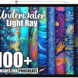 May include: A digital tablet shows a series of vibrant, abstract underwater patterns. The words "Underwater Light Ray" are displayed, with "100+ BRUSHES FOR PROCREATE" below. A stylus is positioned on the tablet's frame.