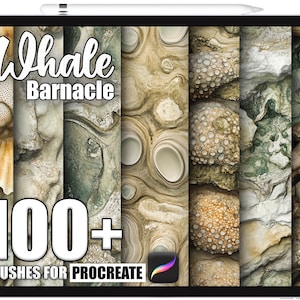 Puede incluir: Una tableta digital muestra una colección de texturas y patrones, incluyendo percebes y piel de ballena. El texto "Whale Barnacle" está en la parte superior, con "100+ Brushes for Procreate" en la parte inferior. La paleta de colores incluye beige, marrón y gris.
