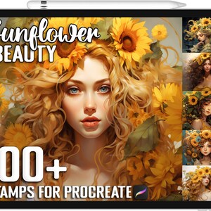 Más de 100 sellos de niña girasol procreados, belleza de girasol y pinceles forestales para procrear, descarga digital instantánea