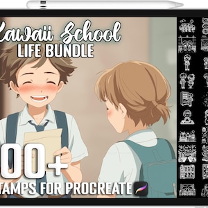 May include: Digital art bundle on a tablet featuring anime-style school characters. The text reads "Kawaii School Life Bundle" and "100+ Stamps for Procreate". The image includes illustrations of students and school-related scenes.