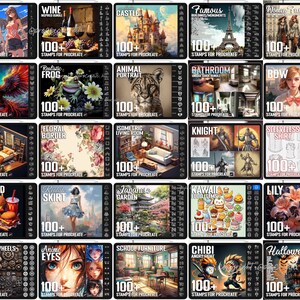 Pu&ograve; includere: Una collezione digitale di venticinque pannelli individuali che mostrano vari set di timbri per Procreate, inclusi temi come pose anime, vino, castelli, monumenti famosi, moda, fenici, rane, animali, bagni, fiocchi e fiori.
