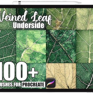 Op de afbeelding: Een digitale tablet toont een raster van groene bladeren. De tekst "Veined Leaf Underside" staat bovenaan, met "100+ BRUSHES FOR PROCREATE" onderaan. Een stylus ligt bovenaan.