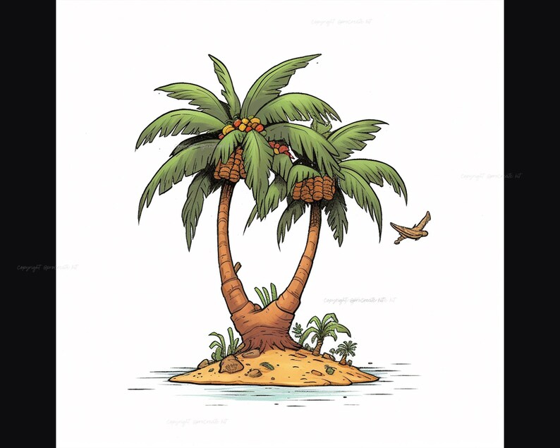 May include: A cartoon illustration of a tropical island with two palm trees growing from a single trunk. The trees have green leaves and brown trunks. There are coconuts on the trees. The island is surrounded by blue water.