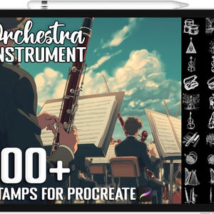 May include: Digital art illustration of a tablet displaying an orchestra scene. The text "Orchestra Instrument" is at the top, with "100+ Stamps for Procreate" at the bottom. A bassoon is featured prominently, with other musicians and musical instruments.