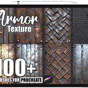 Puede incluir: Una presentación de arte digital con diversas texturas de armaduras, incluyendo cota de malla, placas remachadas y patrones de metal tejido. El texto "Armor Texture" y "100+ Brushes for Procreate" se muestra en blanco. Un lápiz óptico descansa en la parte superior.