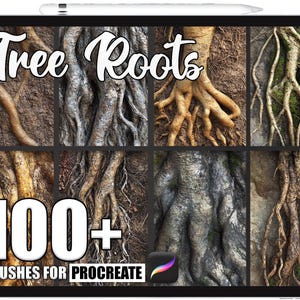 May include: A digital art display on a tablet featuring various tree root textures. The words "Tree Roots" are at the top, with "100+ Brushes for Procreate" at the bottom. The Procreate app logo is in the lower right corner.