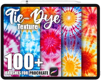 Op de afbeelding: Een digitale tablet toont een verzameling tie-dye texturen in verschillende kleuren, waaronder roze, blauw en geel. De tekst "Tie-Dye Texture" staat bovenaan, met "100+ Brushes for Procreate" onderaan. Een stylus ligt op de rand van de tablet.