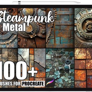 Op de afbeelding: Een iPad toont een verzameling steampunk metalen texturen. De tekst "Steampunk Metal" staat bovenaan, met "100+ Brushes for Procreate" onderaan. De texturen omvatten tandwielen, roest en steen.