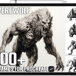 Könnte beinhalten: Eine digitale Illustration eines Werwolfs mit einem grimmigen Ausdruck. Das Bild ist Teil eines Sets mit über 100 Stempeln für Procreate, eine digitale Kunst-App.