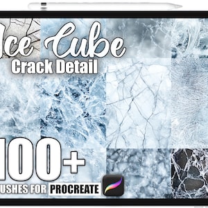 May include: A digital art display on a tablet featuring ice and crack textures. The text reads "Ice Cube Crack Detail" and "100+ Brushes for Procreate." The color palette includes shades of blue, white, and gray, with a Procreate app icon in the corner.