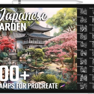 May include: A digital illustration of a Japanese garden with a pagoda, cherry blossom trees, and a pond. The text "Japanese Garden 100+ Stamps for Procreate" is displayed on the image.
