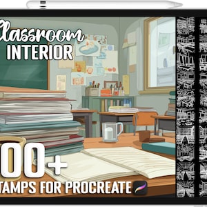 Peut inclure: Illustration numérique d'un intérieur de classe avec une pile de livres, une tasse et une fenêtre. Le texte "Classroom Interior" et "100+ Stamps for Procreate" sont affichés. Un stylet est en haut.
