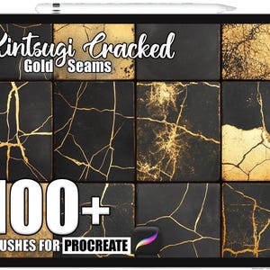 May include: A digital tablet shows a grid of black and gold textures, featuring Kintsugi-style cracked gold seams. The text "Kintsugi Cracked Gold Seams" is at the top, with "100+ Brushes for Procreate" at the bottom, suggesting digital art resources.