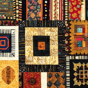 May include: A colourful patchwork quilt featuring squares with diverse patterns in black, gold, red, and blue. The quilt showcases geometric and floral designs, with a mix of textures. The overall design is a vibrant and intricate display of textile art.