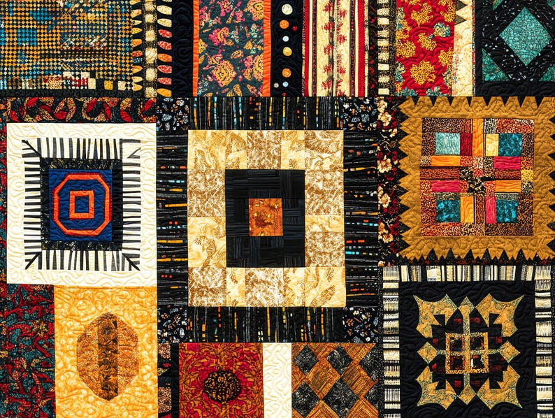 May include: A colourful patchwork quilt featuring squares with diverse patterns in black, gold, red, and blue. The quilt showcases geometric and floral designs, with a mix of textures. The overall design is a vibrant and intricate display of textile art.