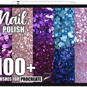 May include: A digital tablet displays a vibrant collection of nail polish textures. The image features the words "Nail Polish" and "100+ Brushes for Procreate". The color palette includes shades of purple, pink, and blue, with glitter effects.