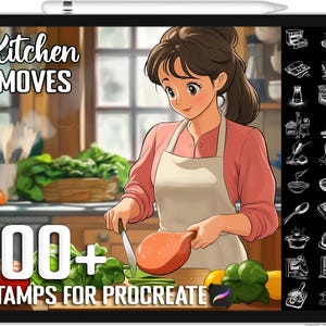 Puede incluir: Una ilustración digital de una mujer en una cocina preparando comida. La imagen es un producto digital para Procreate, con más de 100 sellos con temática de cocina. El texto "Kitchen MOVES 100+ STAMPS FOR PROCREATE" se muestra en la imagen.