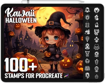 Más de 100 sellos de Halloween Procreate Kawaii, pinceles únicos y realistas de Halloween Kawaii para Procreate, descarga digital instantánea