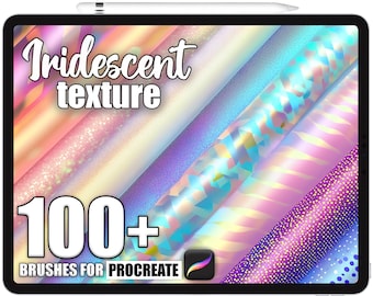 May include: A digital tablet displays a variety of iridescent textures in shades of pink, yellow, blue, and purple. The text "Iridescent texture" and "100+ brushes for Procreate" are displayed on the screen. A stylus rests at the top of the tablet.