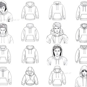 May include: A collection of 10 black and white line drawings of hoodies. The hoodies are drawn in a simple style and feature a variety of different designs. Some of the hoodies have a pouch pocket, while others have a drawstring hood.