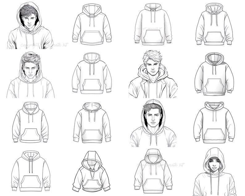 May include: A collection of 10 black and white line drawings of hoodies. The hoodies are drawn in a simple style and feature a variety of different designs. Some of the hoodies have a pouch pocket, while others have a drawstring hood.