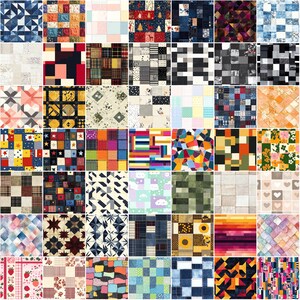 May include: A collection of 48 fabric samples showcasing patchwork designs. The patterns include geometric shapes, floral motifs, and festive themes. The colour palette varies from blues and reds to greens and oranges, providing a diverse textile selection.