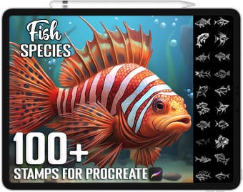 Más de 100 sellos de especies de peces para Procreate, pinceles acuáticos realistas para Procreate, descarga digital instantánea