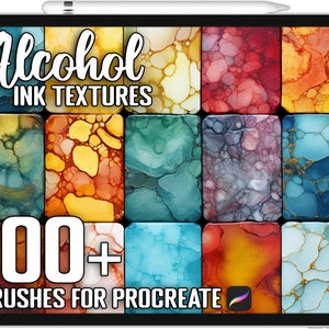 May include: A digital illustration of a tablet screen displaying a set of 100+ alcohol ink textures for Procreate. The image shows a variety of colourful, abstract patterns with swirling, marbled effects.