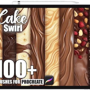Könnte beinhalten: Ein digitales Tablet zeigt Cake-Swirl-Pinsel für Procreate. Das Bild zeigt verschiedene Schokoladen- und Vanille-Wirbelmuster, einige mit Nüssen und Beeren. Der Text lautet "Cake Swirl" und "100+ Brushes for Procreate".