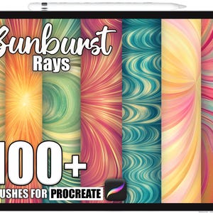 May include: A digital tablet shows a selection of vibrant sunburst patterns. The words "Sunburst Rays" are displayed above, with "100+ Brushes for Procreate" below. The colour scheme features orange, green, pink, and blue hues.