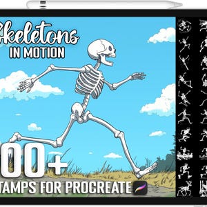 以下が含まれることがあります： 「Skeletons in Motion」と「100+ Stamps for Procreate」というテキストが書かれた、走っているスケルトンのデジタルイラスト。この画像は、Procreateアプリ用のデジタル製品のプレビューです。