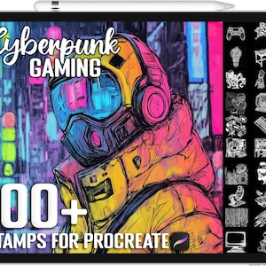 May include: A digital illustration of a cyberpunk character with a gas mask and headphones, set against a neon cityscape background. The text "Cyberpunk Gaming" and "100+ Stamps for Procreate" are displayed on the image.
