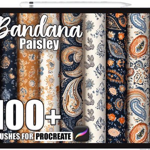 May include: A digital tablet displays a collection of paisley bandana patterns in navy, orange, and cream. The text "Bandana Paisley" and "100+ Brushes for Procreate" are overlaid on the image, along with the Procreate app icon.