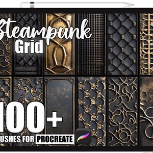 May include: A digital art display on a tablet featuring a collection of steampunk-themed grid brushes. The image showcases various textures in black and gold, with the text "Steampunk Grid" and "100+ Brushes for Procreate". A stylus rests at the top.