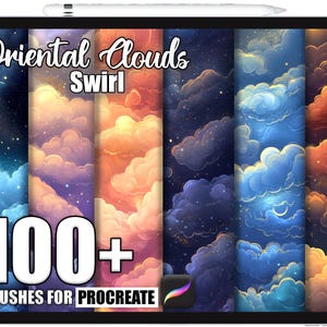 May include: A digital tablet displays a collection of cloud-themed Procreate brushes. The screen shows a variety of colorful cloud designs in shades of blue, orange, and purple. Text on the screen reads "Oriental Clouds Swirl" and "100+ Brushes for Procreate."