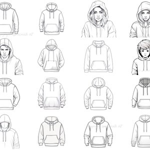 May include: A collection of 12 black and white line drawings of hoodies. The hoodies are drawn in a variety of styles, including some with hoods up and some with hoods down. Some of the hoodies have pockets, while others do not.