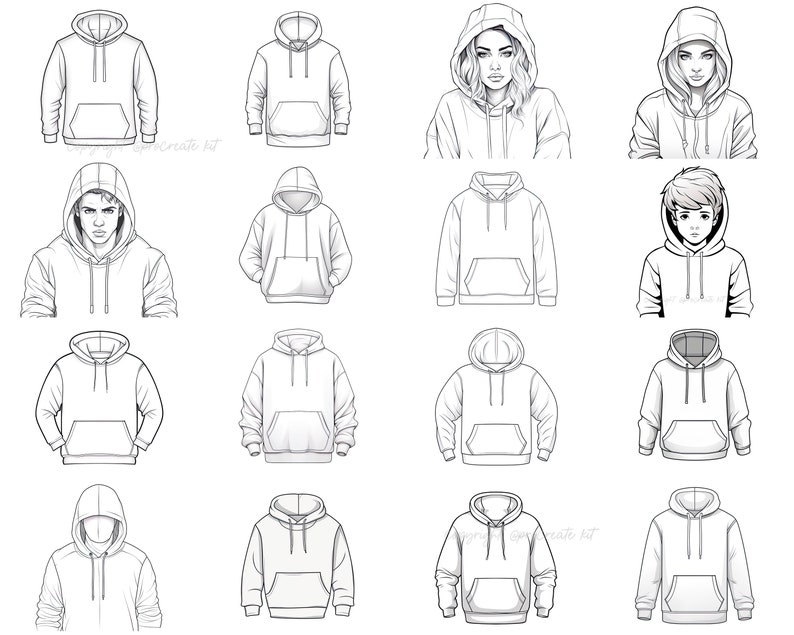 May include: A collection of 12 black and white line drawings of hoodies. The hoodies are drawn in a variety of styles, including some with hoods up and some with hoods down. Some of the hoodies have pockets, while others do not.