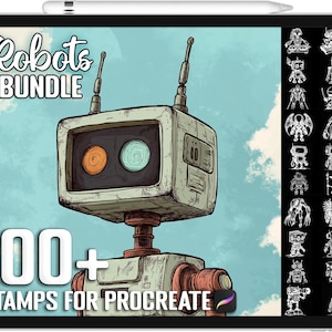May include: A digital illustration of a robot with a large screen on its chest. The robot is in a cartoon style and has a light blue and orange screen. The image is on a tablet screen with the text "Robots Bundle" and "100+ Stamps for Procreate" at the top and bottom of the image.
