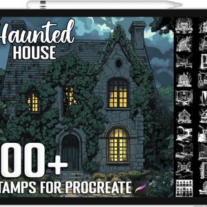 Könnte beinhalten: Eine digitale Illustration eines Spukhauses mit über 100 Stempeln für Procreate. Das Haus ist dunkel und geheimnisvoll, mit überwuchernden Ranken und leuchtenden Fenstern. Die Stempel sind in Schwarzweiß und zeigen verschiedene gruselige Elemente wie Fledermäuse, Geister und Spinnweben.