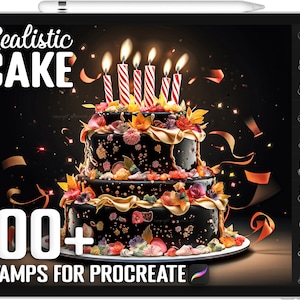 May include: A digital illustration of a three-tiered chocolate cake with candles and decorations. The cake is surrounded by confetti and ribbons. The text "Realistic CAKE 100+ STAMPS FOR PROCREATE" is displayed on the image.