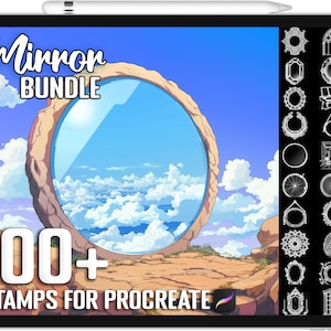 May include: A digital illustration of a large, stone-like mirror reflecting a blue sky with white clouds. The text "Mirror Bundle" and "100+ Stamps for Procreate" are displayed on the image. The image also shows a grid of 16 different mirror and window designs.