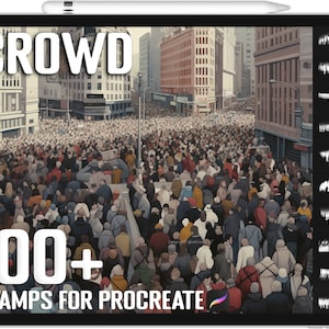 Puede incluir: Una ilustración digital de una gran multitud de personas en una calle de la ciudad. La imagen se utiliza para promocionar un conjunto de más de 100 sellos digitales para la aplicación Procreate. El texto "CROWD" y "100+ STAMPS FOR PROCREATE" se muestra en la imagen.