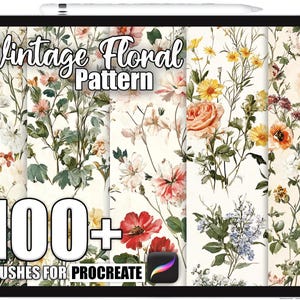May include: A digital tablet displays a collection of vintage floral patterns. The screen shows various flower designs in shades of pink, yellow, and red. Text on the screen reads "Vintage Floral Pattern" and "100+ Brushes for Procreate."