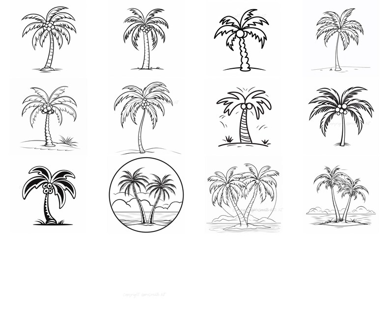 May include: A collection of 12 black and white line drawings of palm trees. Some of the drawings show single palm trees, while others show two palm trees. Some of the drawings show the palm trees on a beach, while others show the palm trees on a grassy area.
